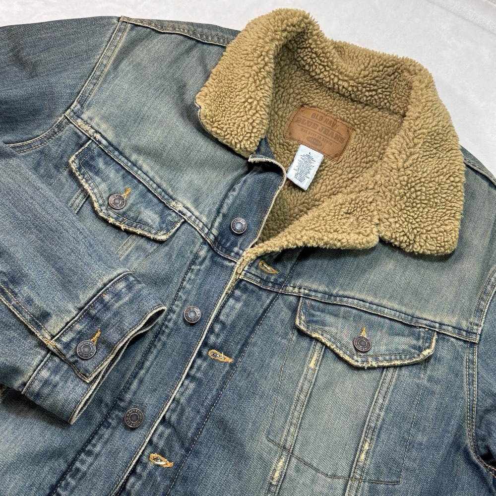 Old Navy Denim Sherpa Trucker Jacket Men's L Blue Jean Fleece Lined Western